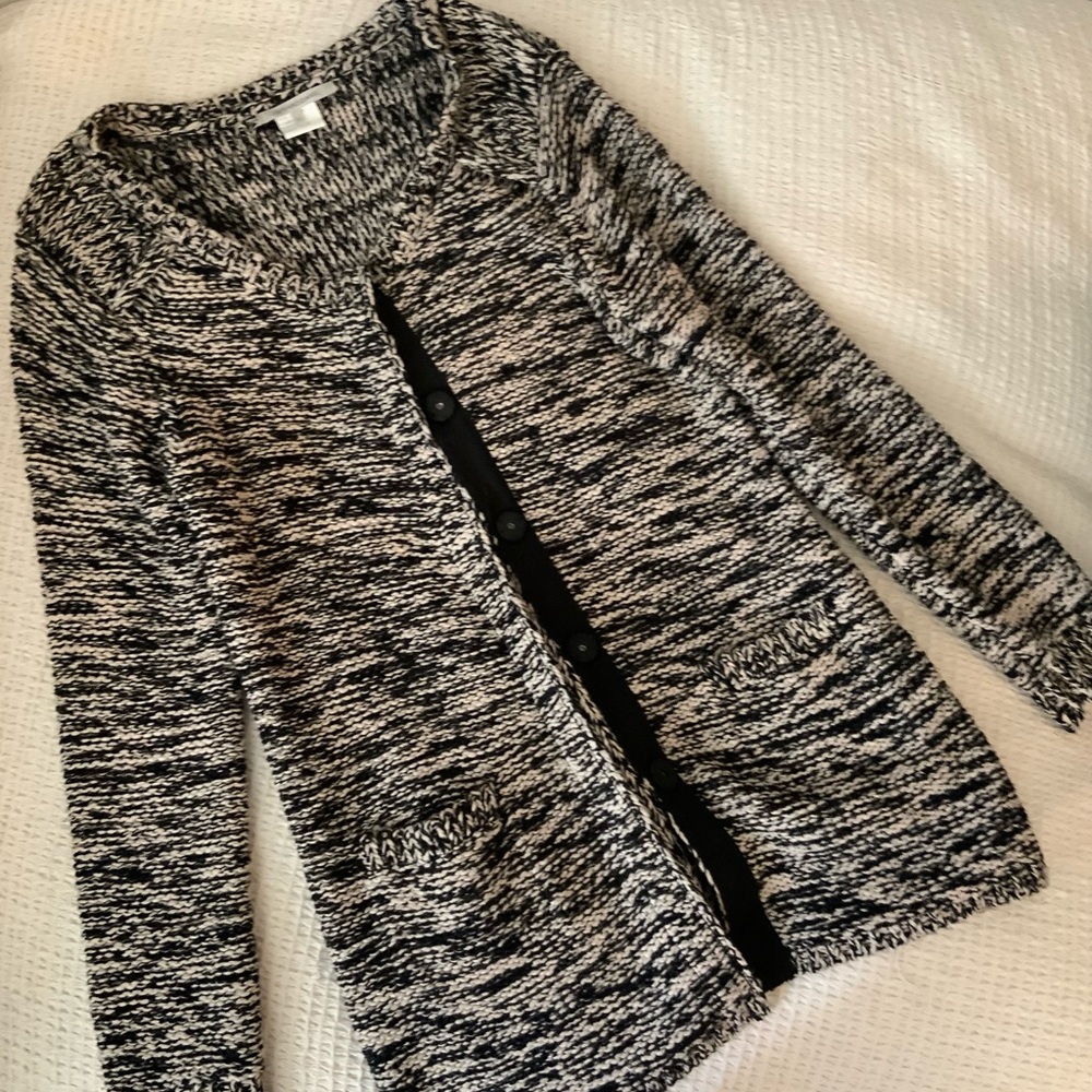 Gerard Darel Marled Knit Button Front Cardigan Knitted Sweater Top Black White